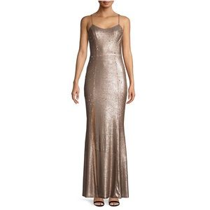 Dress the Population Ingrid Sequin High Slit Trumpet Gown in Bronze